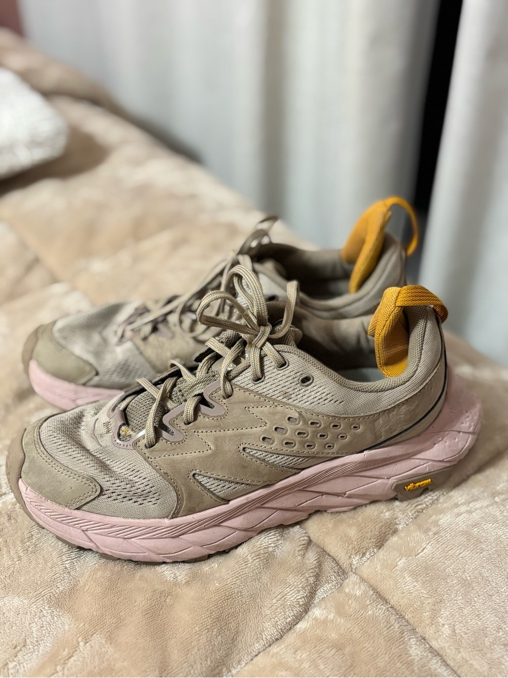 Hoka Women's Beige Sneakers with Pink Sole and Yellow Heel Tab